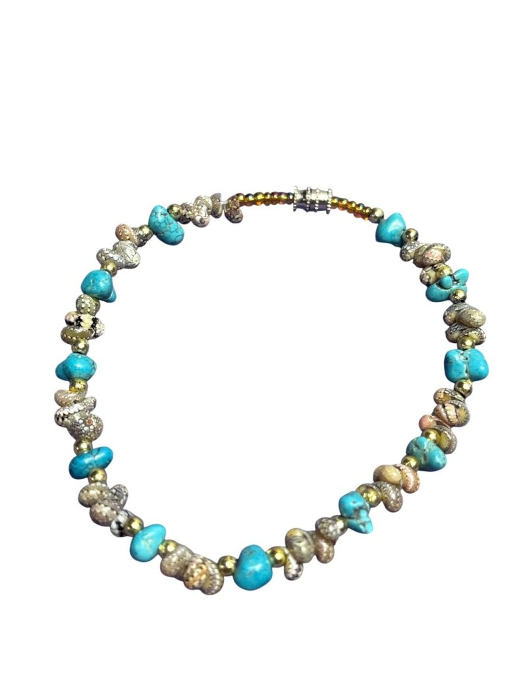 Vtg Shell Dyed Howlite Faux Turquoise Beaded Bracelet Goldtone Spacer Seed Bead